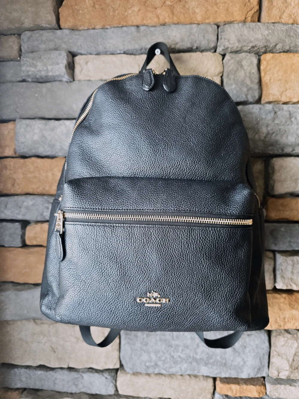 COACH F38288 Charlie Backpack  Black Pebbled Leather Medium Gold Hardware *READ*